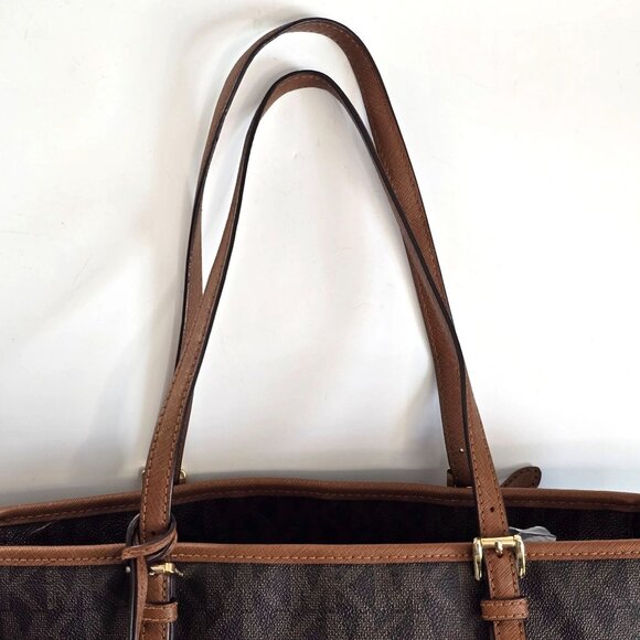 Michael Kors Jet Set Monogram Coated Canvas Tote LG Brown/Tan Front Snap Pocket - Picture 5 of 16